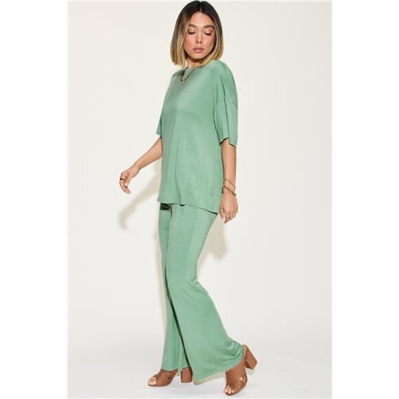 Basic Bae Full Size Bamboo Drop Shoulder T-Shirt and Flare Pants Set - Picture 5 of 16